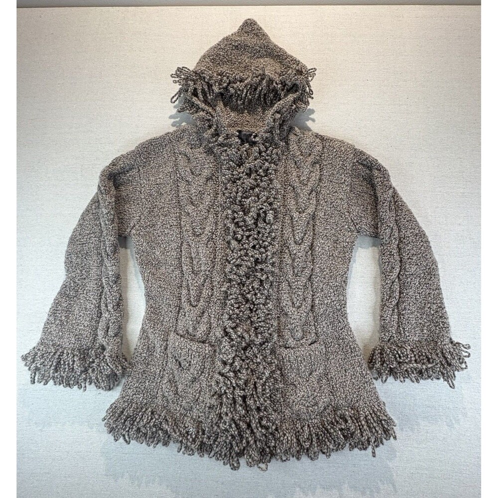 Knit Chunky Wool Cardigan Sweater Fringe Pixie Hood Boho Cable Coat Vintage